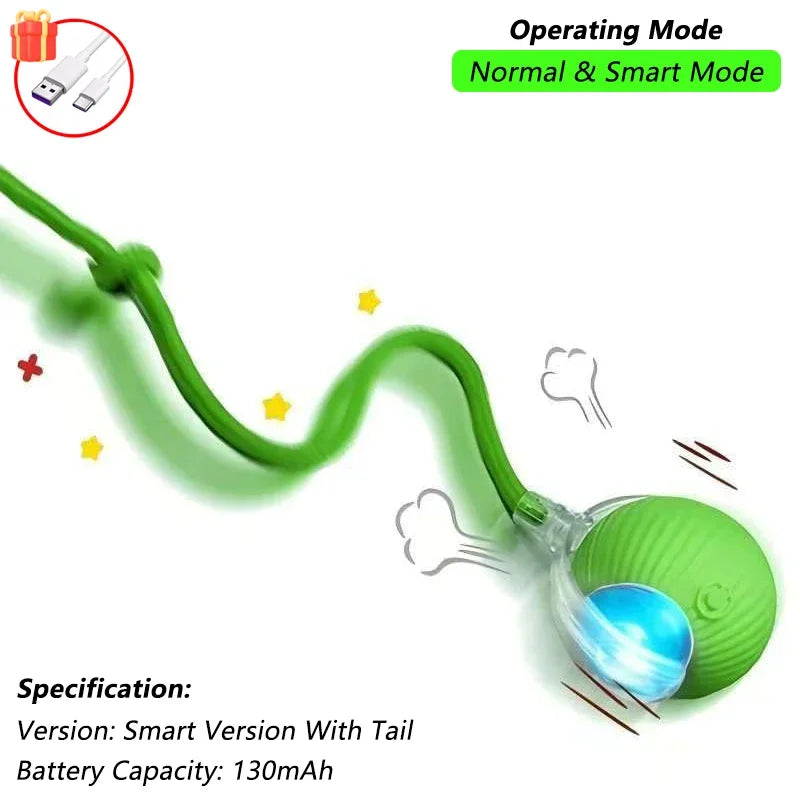 Pelota verde con cola flexible y extremo transparente iluminado en azul