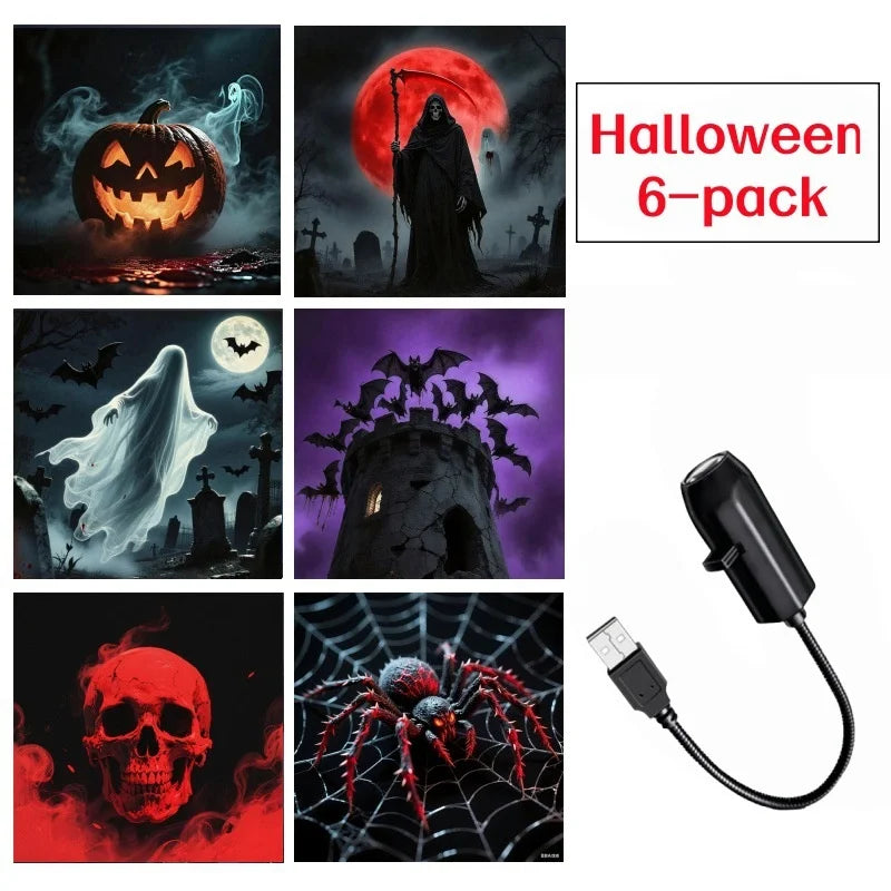 Proyector USB y seis láminas ilustradas con motivos de Halloween.