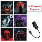 Proyector USB y seis láminas ilustradas con motivos de Halloween.