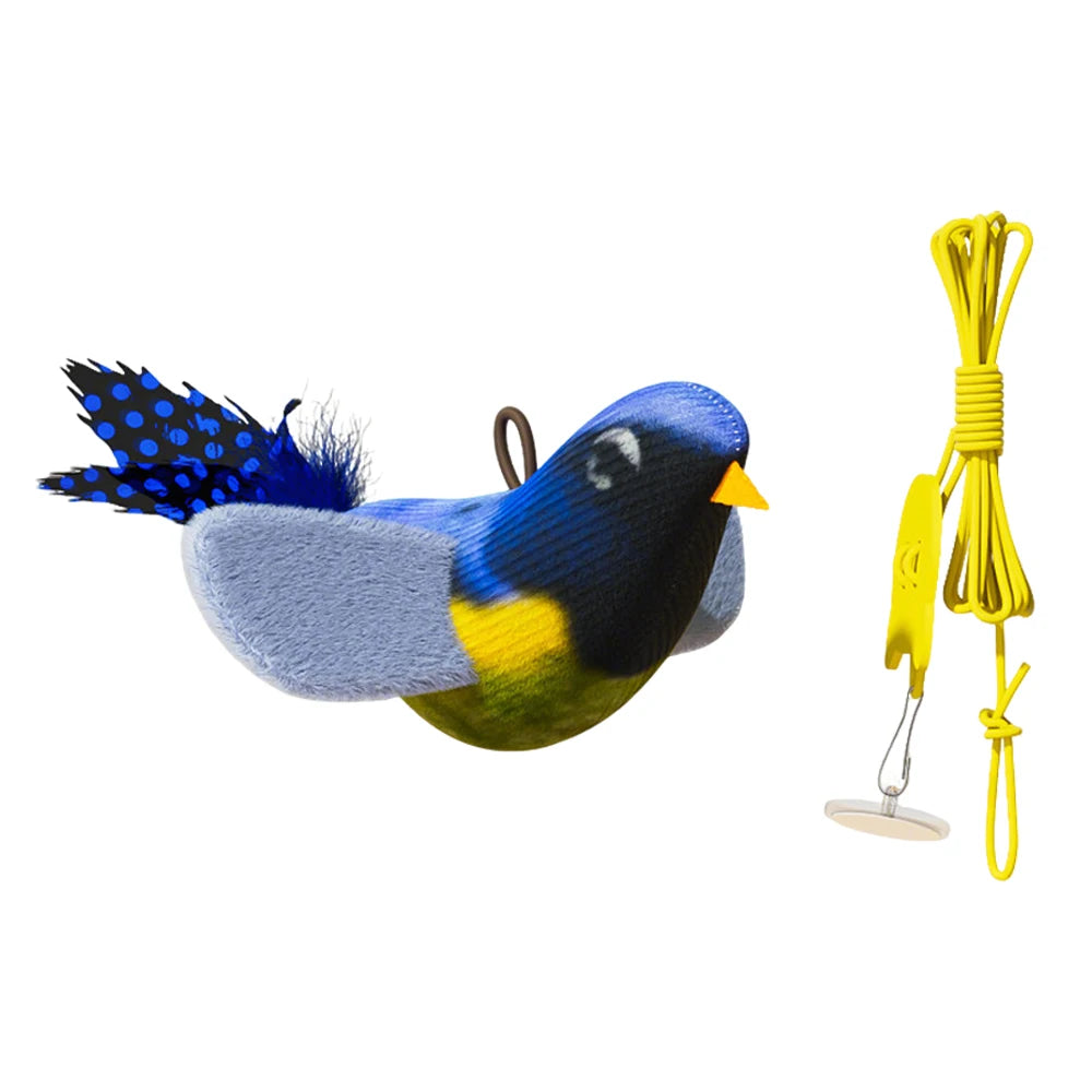 Juguete con forma de ave azul y amarilla junto a un cordón amarillo