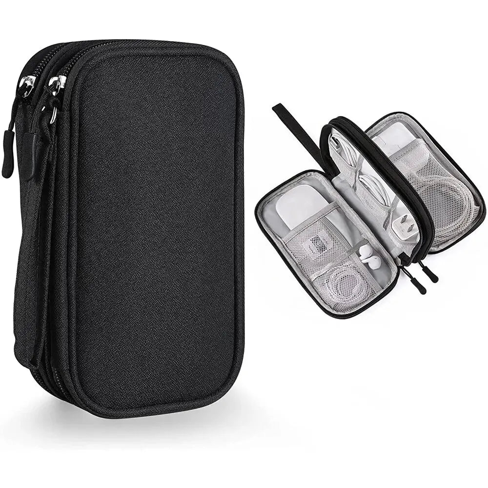 Estuche negro de doble nivel, cerrado y abierto con accesorios de ejemplo