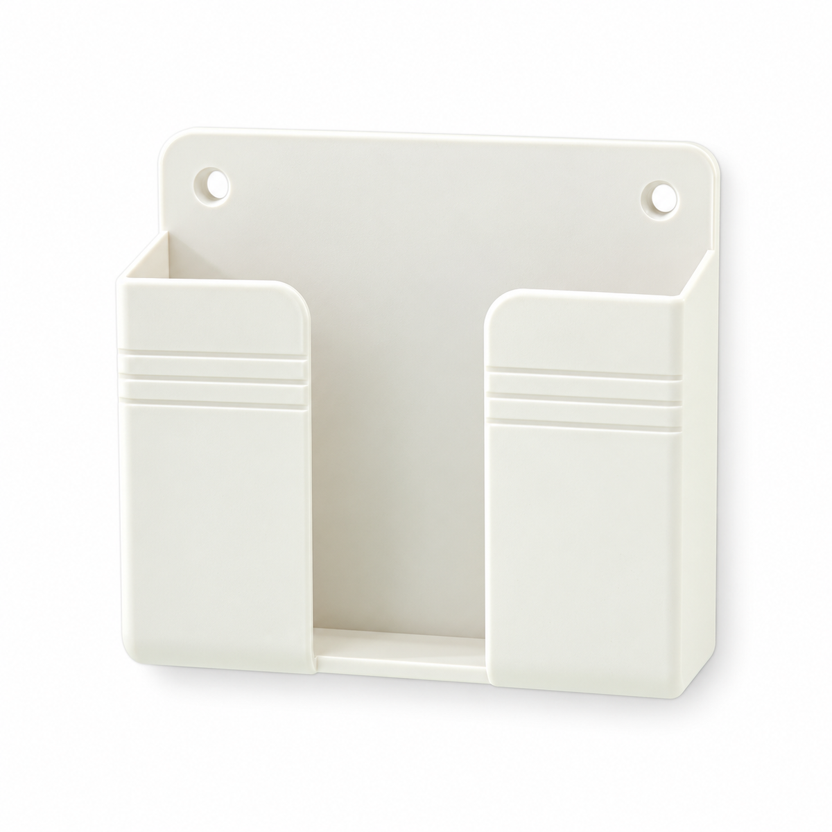 Organizador de pared para controles y celular sobre fondo blanco