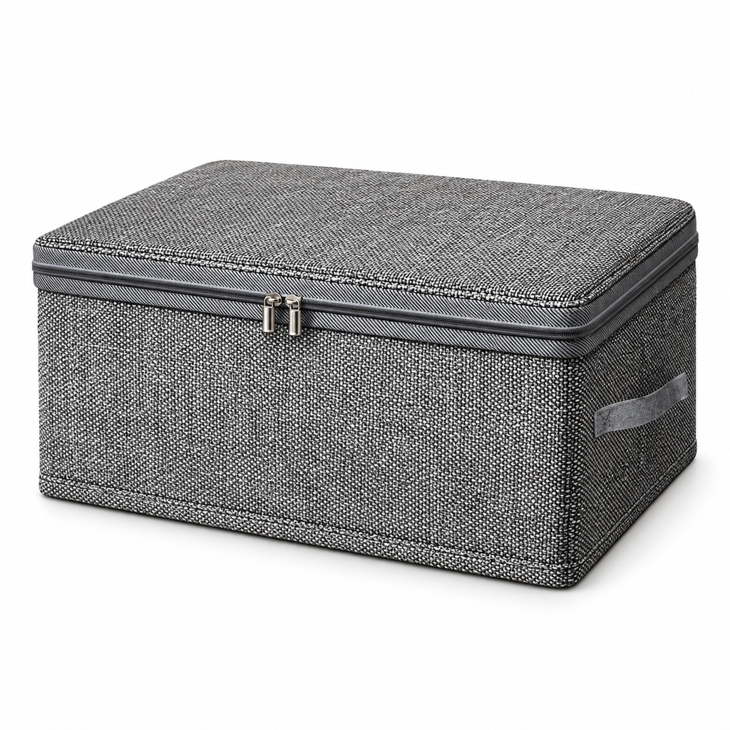 Caja organizadora gris cerrada con cierre y asa visible