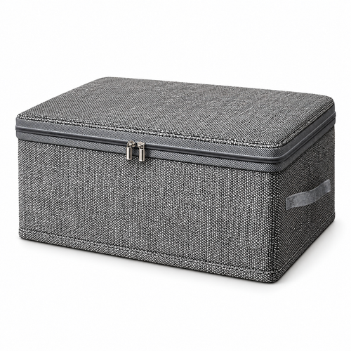 Caja organizadora gris cerrada con cierre y asa visible