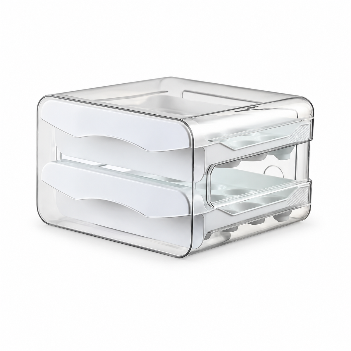 Organizador transparente para huevos con dos cajones blancos