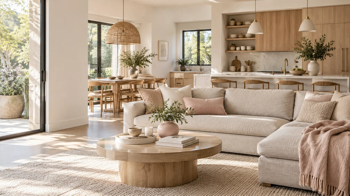 Ambiente de inspiración: sala, comedor y cocina luminosos en tonos blancos, madera clara y rosa suave.
