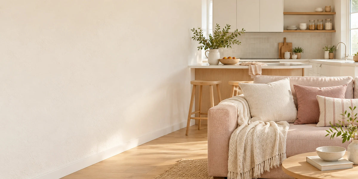 Sala y cocina luminosa en tonos blancos, madera clara y rosa suave, con espacio para vivir las rutinas del hogar.