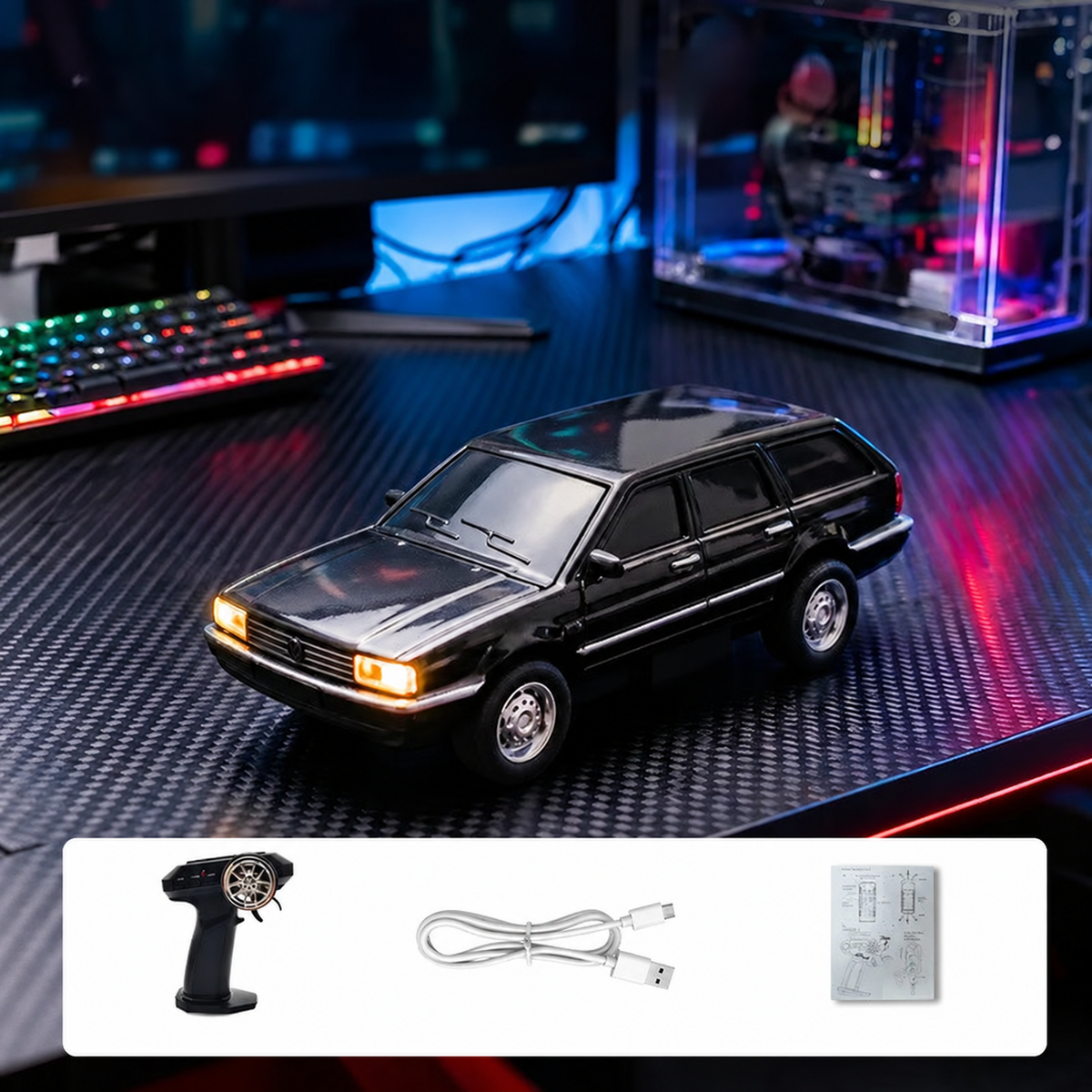 Mini auto de control remoto negro tipo hatchback con luces y accesorios