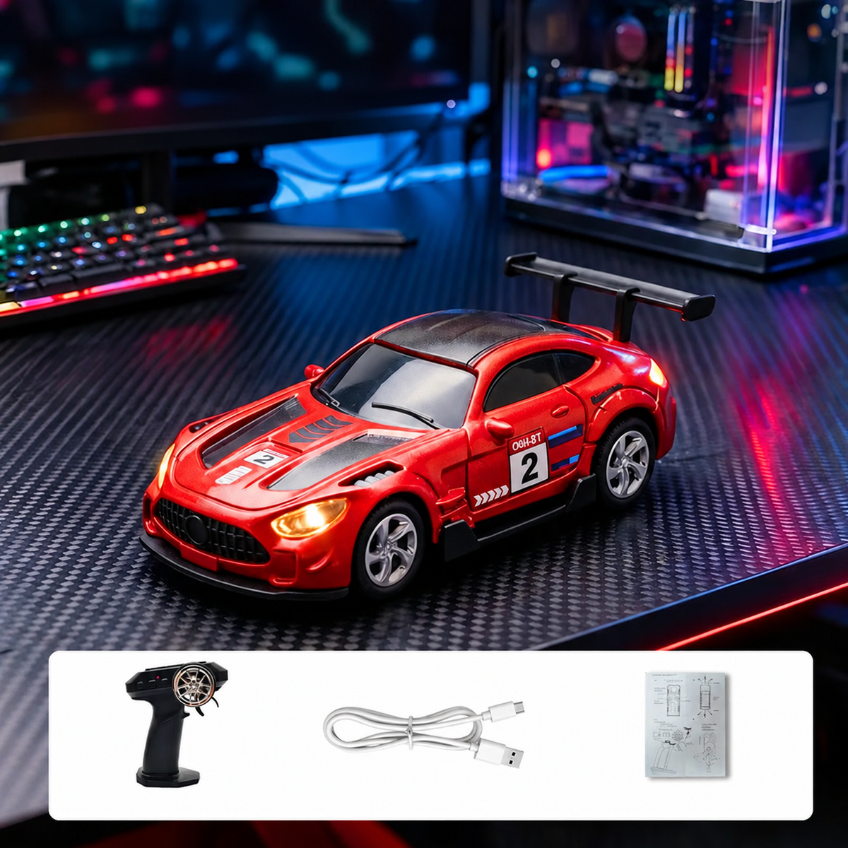 Mini auto deportivo de control remoto rojo con alerón y accesorios