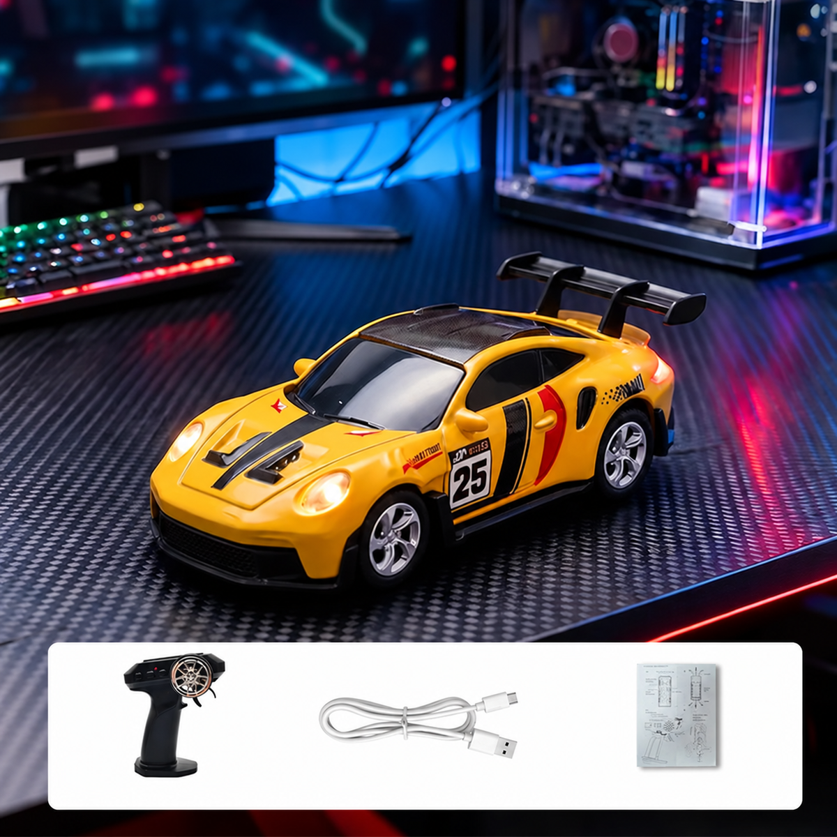 Mini auto deportivo de control remoto amarillo con alerón y accesorios