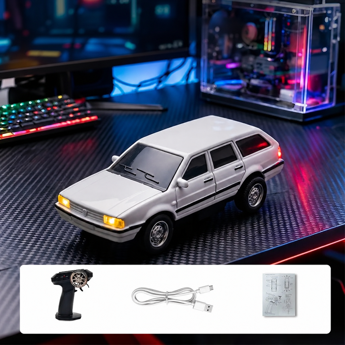 Mini auto de control remoto blanco tipo hatchback con luces y accesorios