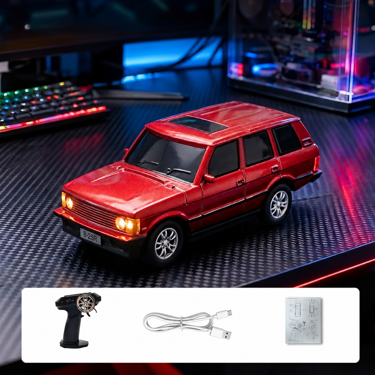 Mini camioneta de control remoto roja con luces y accesorios