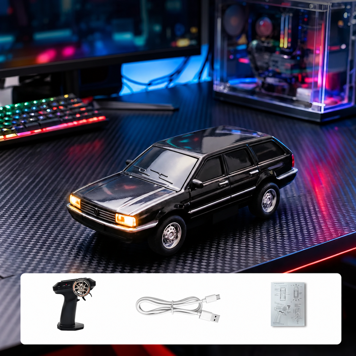 Mini auto de control remoto negro tipo hatchback con luces y accesorios