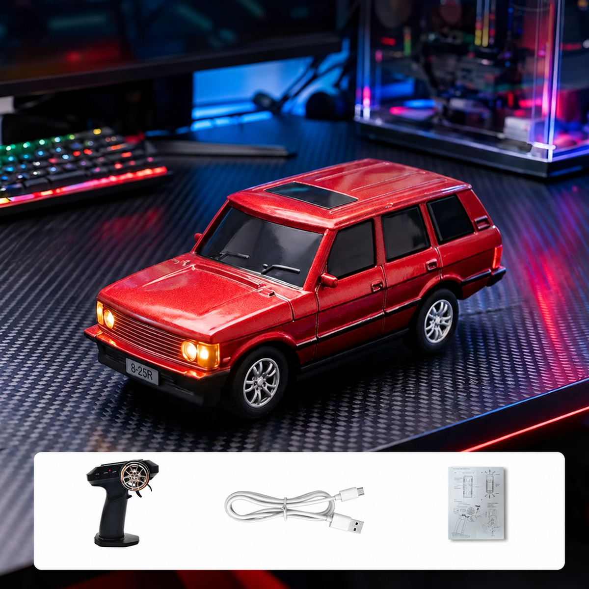 Mini camioneta de control remoto roja con luces y accesorios
