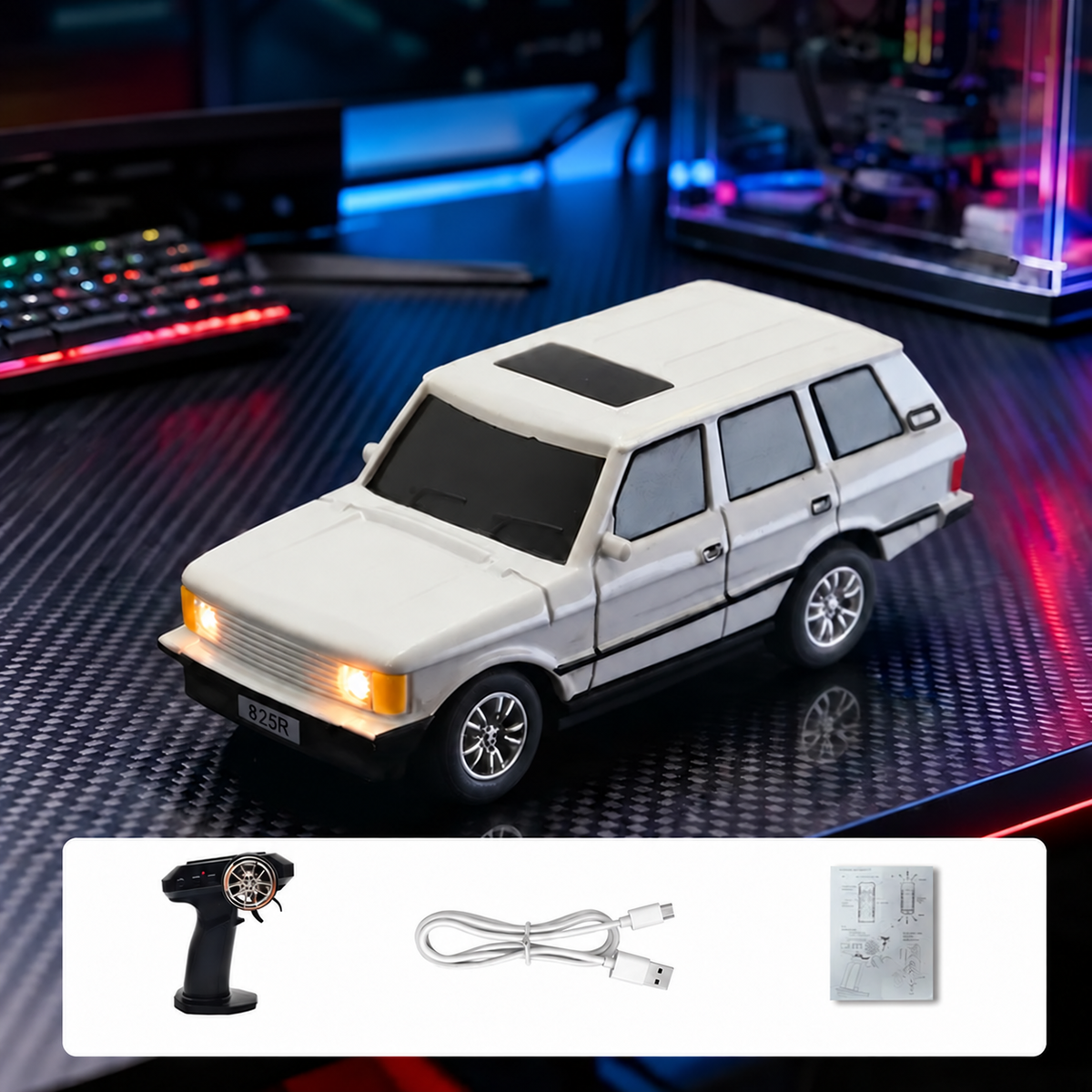 Mini camioneta de control remoto blanca con luces y accesorios