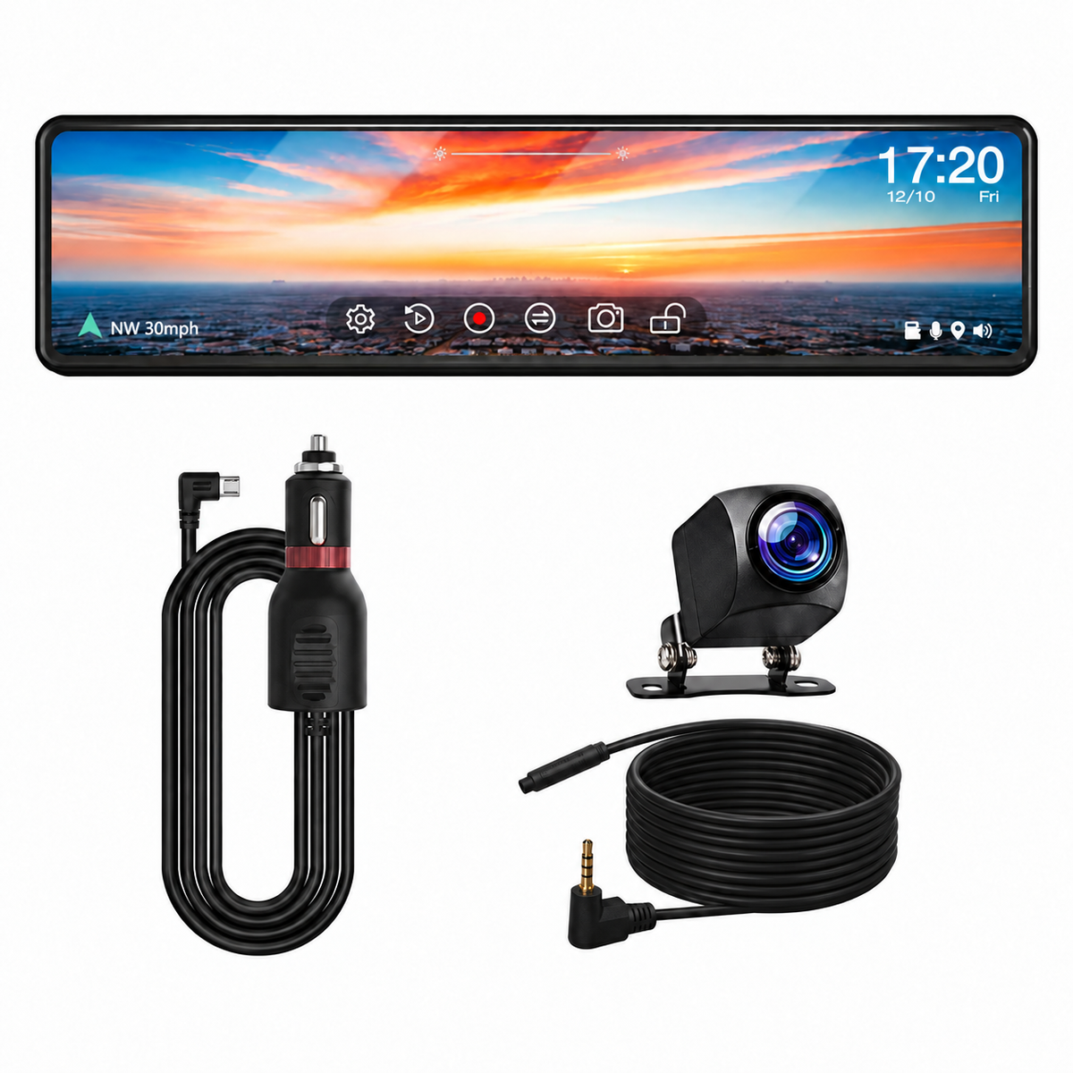 Espejo con pantalla, cámara trasera y cables de conexión