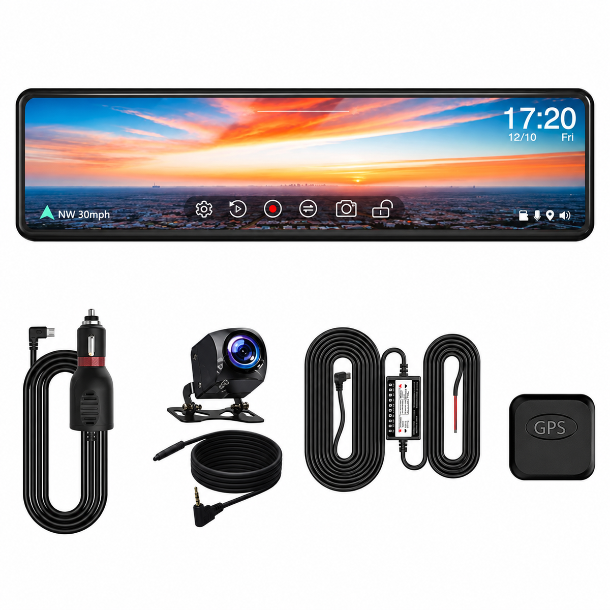 Espejo con pantalla, cámara trasera, módulo GPS y cables