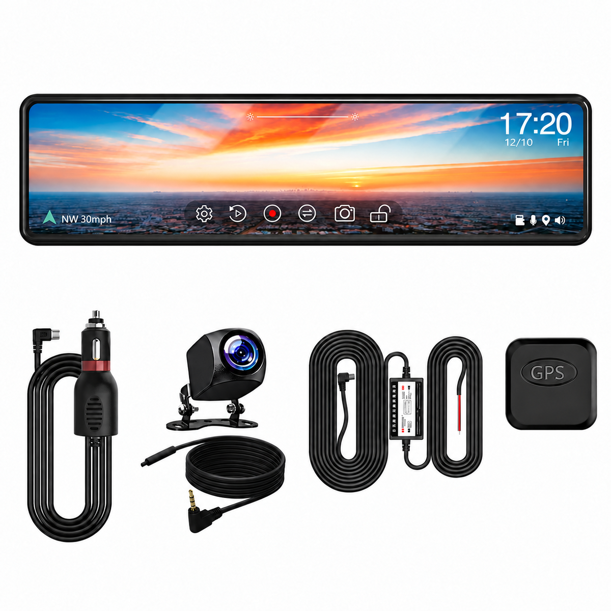 Espejo con pantalla, cámara trasera, módulo GPS y cables
