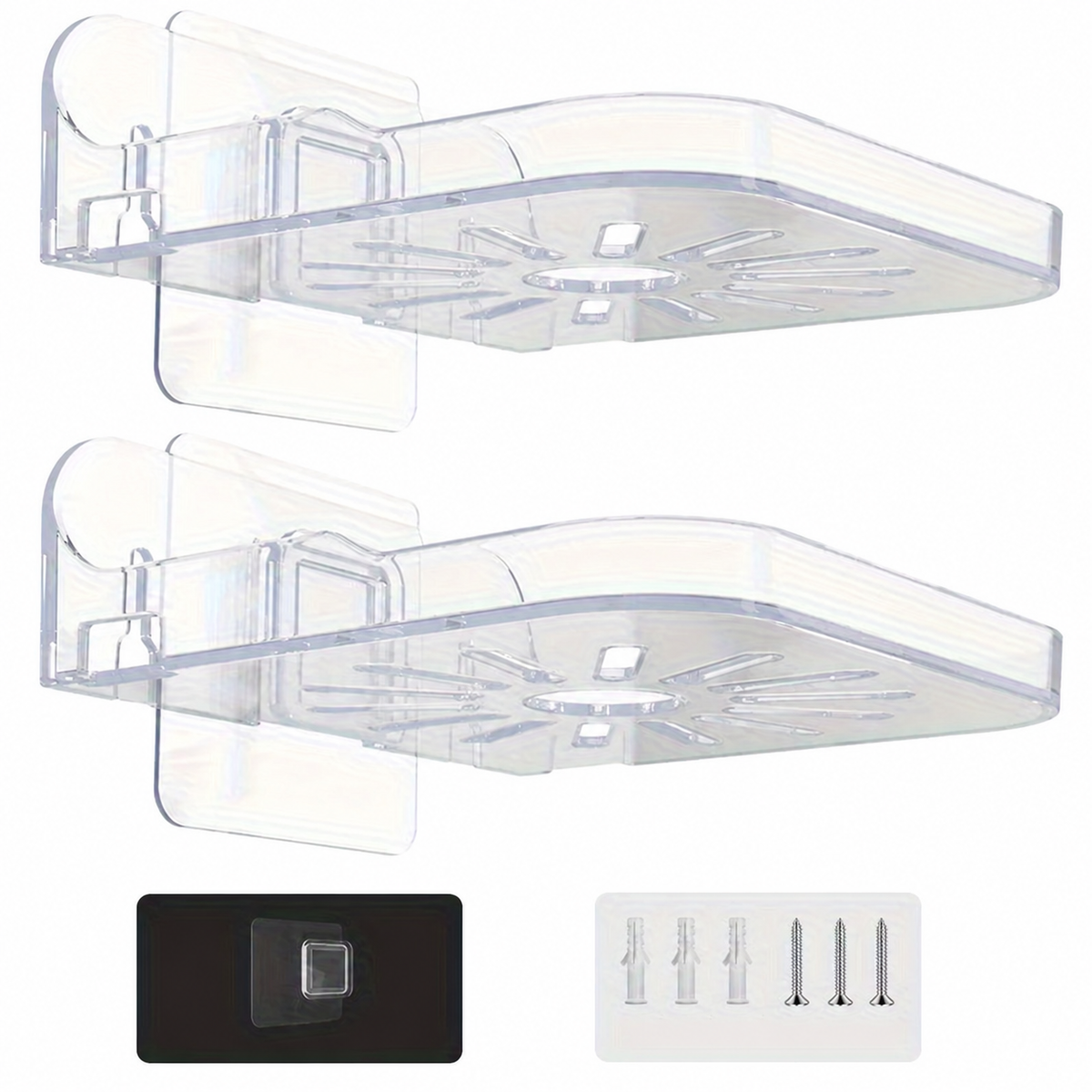Juego de dos soportes transparentes de base cuadrada con barandal y accesorios de fijación