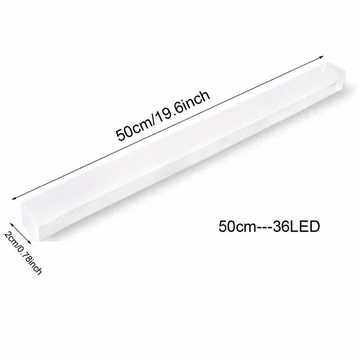 Barra LED blanca de 50 cm con referencia de tamaño y 36 LED