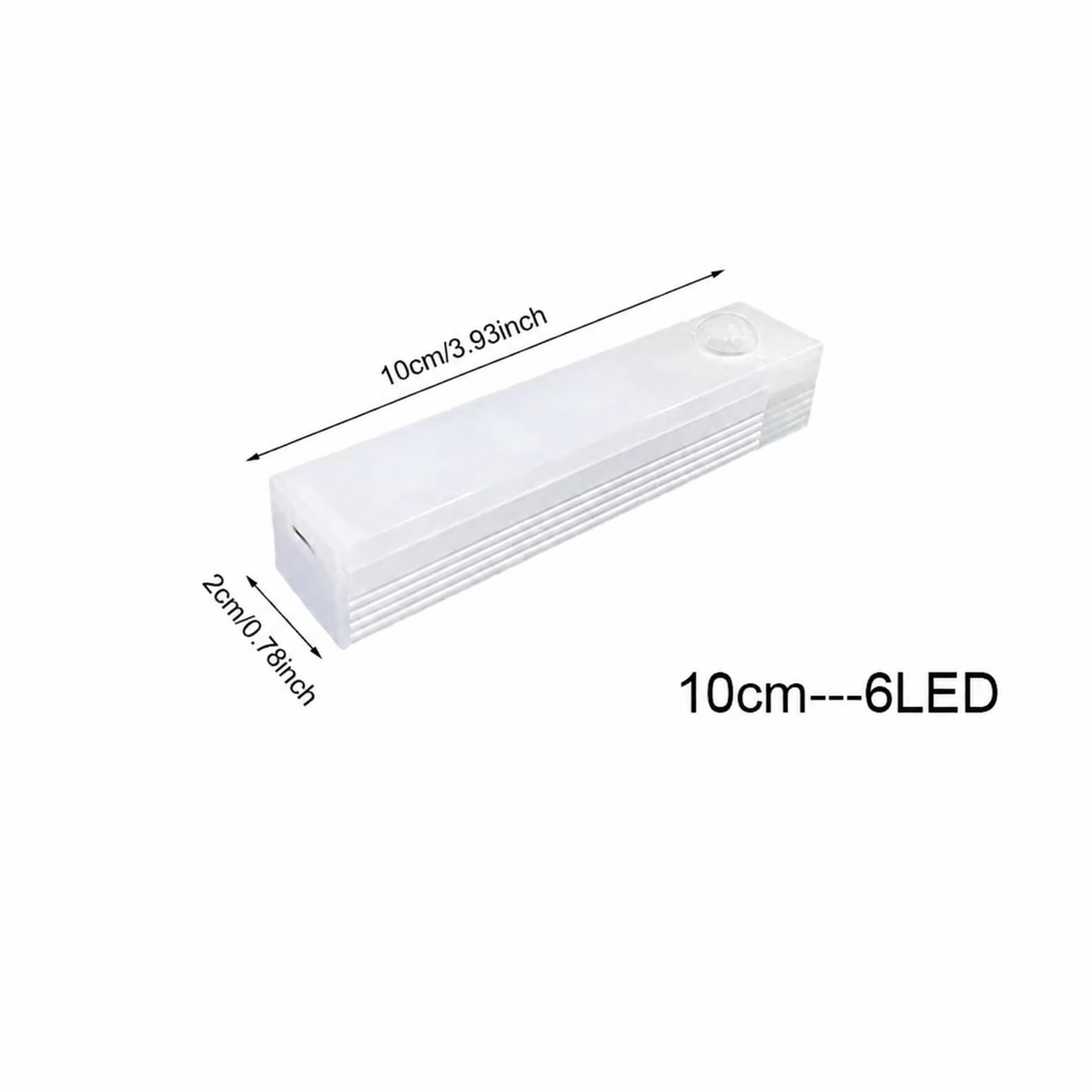 Barra LED blanca de 10 cm con referencia de tamaño y 6 LED